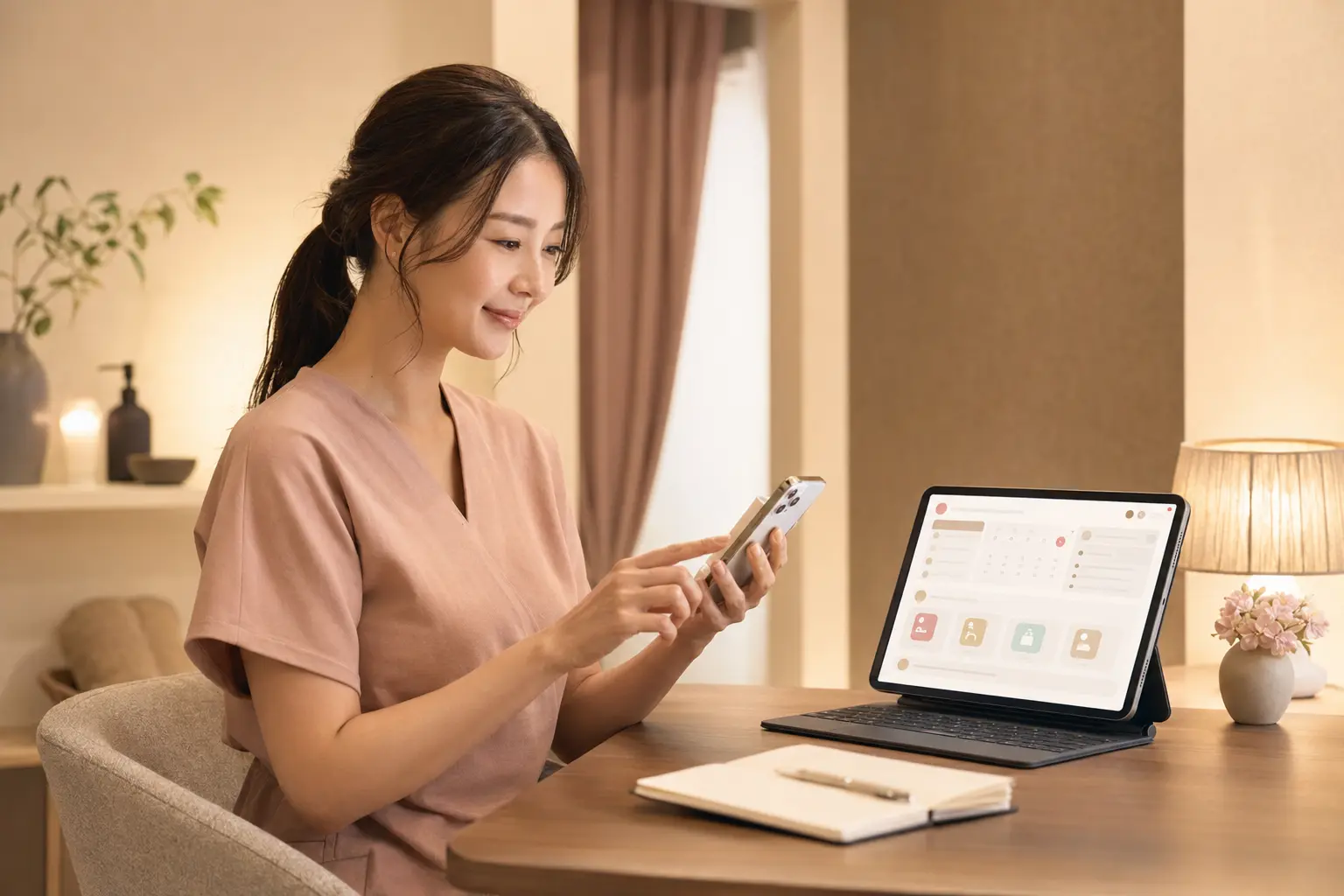 スマートフォンとタブレットで予約やシフトを確認する女性セラピスト