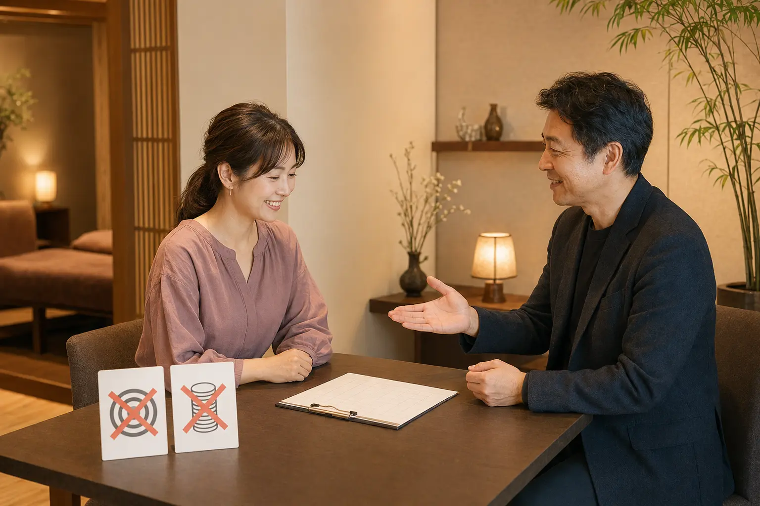 ノルマや罰金がなく、男性スタッフへ安心して相談する女性セラピスト